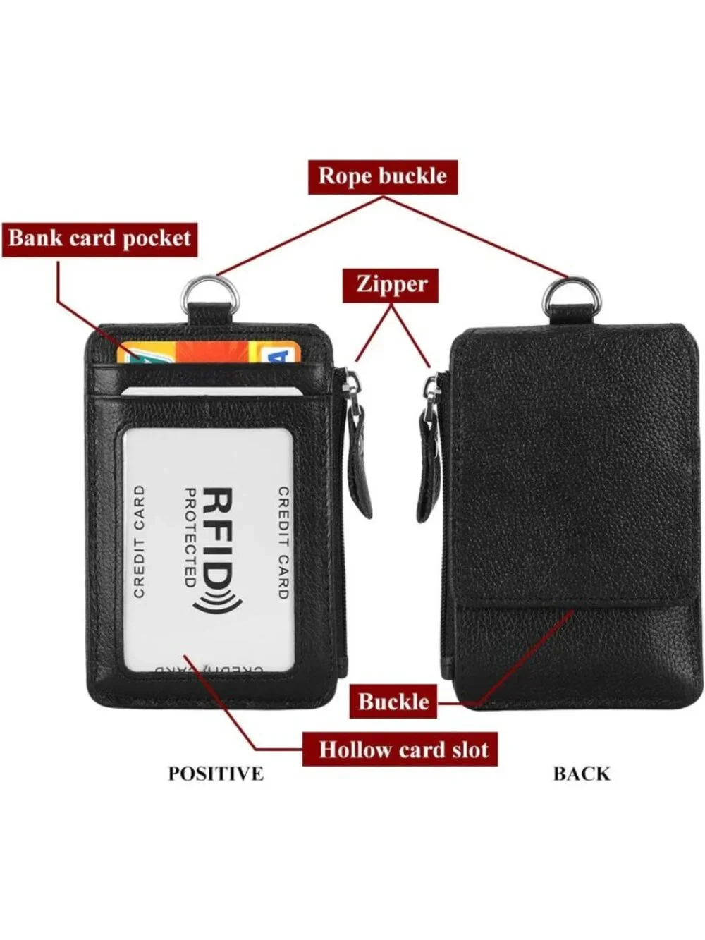 Genuine Leather RFID Badge Holder Wallet with Zipper & Swivel Hook Lanyard